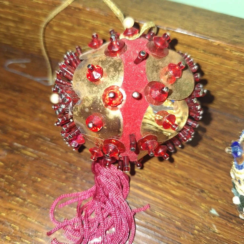 Beaded Satin Sequin Push Pin Ornament Red Ball White Blue Egg Vintage Christmas